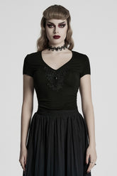 Black Short Sleeves Jacquard Floral Embroidery Women's Gothic Blouse